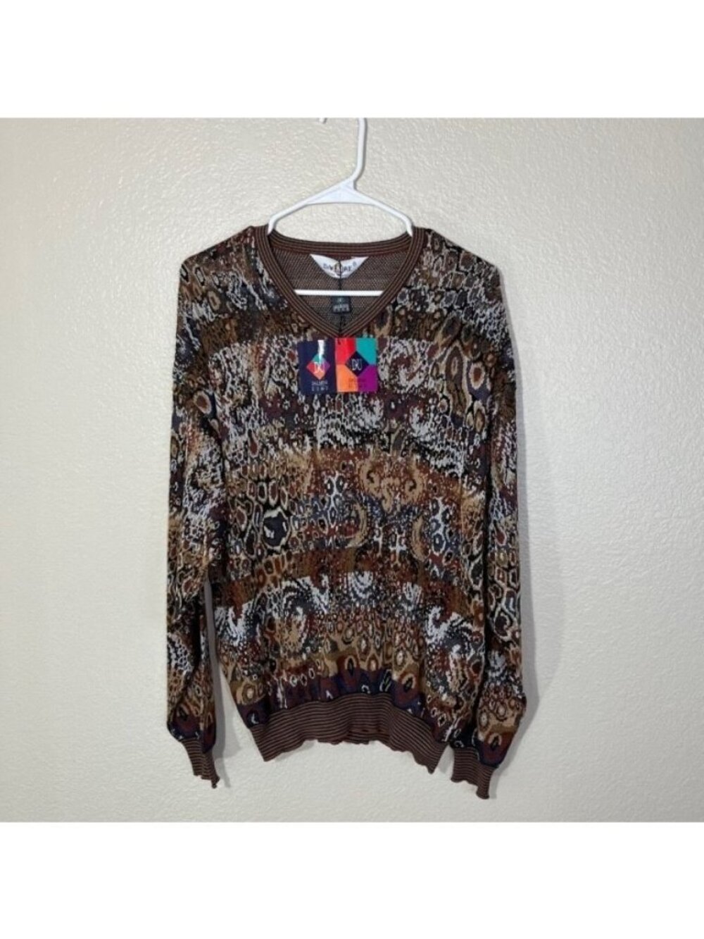 Dalmine Mens Multi Neutral Colors V Neck Art Sweater Knit NWT 50 M